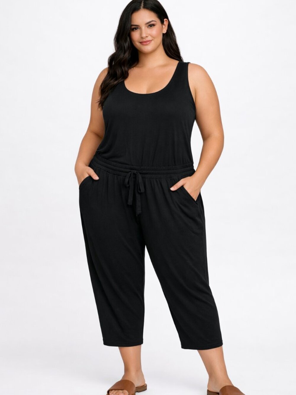 Michael Stars Theo Knit Jumpsuit 1X Black Cropped Drawstring Jogger Romper